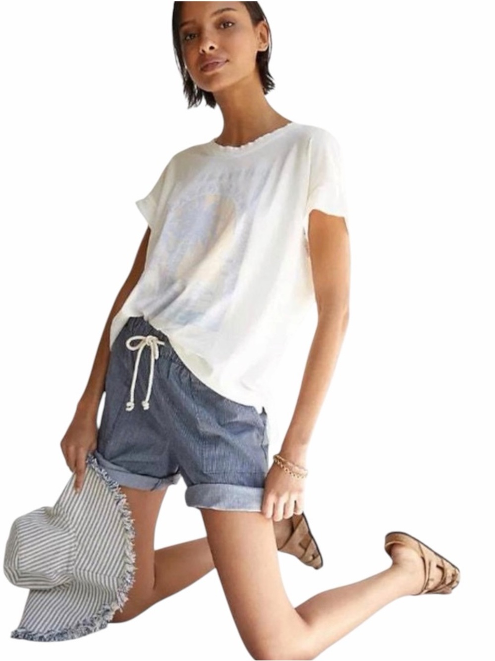 Anthropologie beach shorts navy stripe rolled hem and rope tie size small